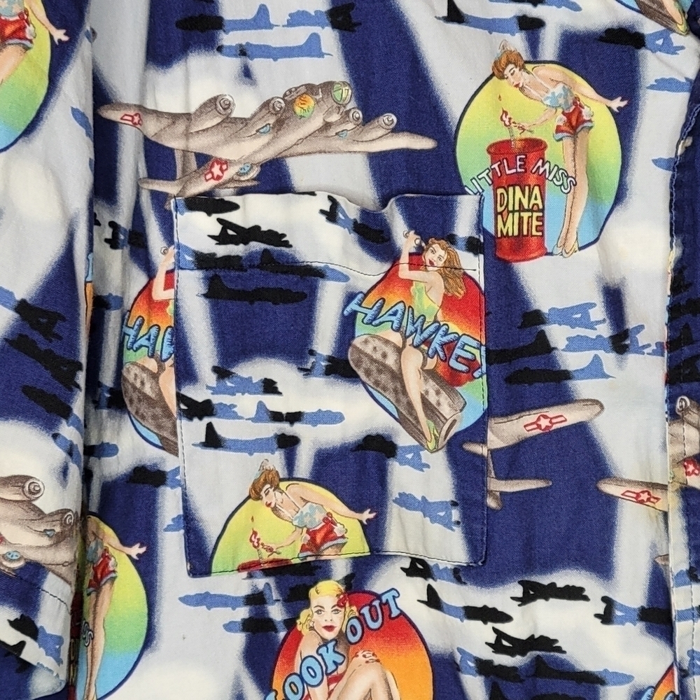 Vintage 90s Hawaiian Pinup Babes WWII Bomber Hawkeye Planes Button Up Shirt - Picture 4 of 4